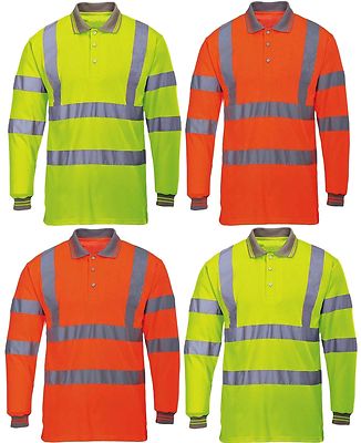 Hi Viz High Visibility Polo Long Sleeve Reflective Tape Security Safety ...