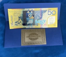 Bluey Collectable 50 Dollar Bucks Banknote 24k Gold Foil in presentation folder
