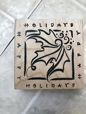DeNami Designs ~ HAPPY HOLLY LEAF ~ Wood Mounted Rubber Stamp Christmas Holiday