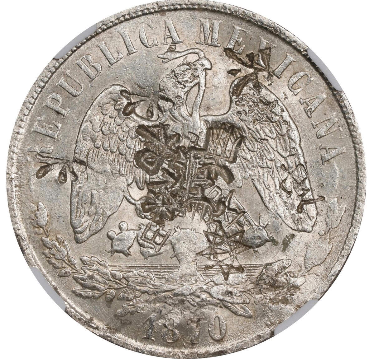 Mexico 1 Peso Mo 1870 M Balance/Scale, NGC Chopmarked. Scarce. KM# 408.5