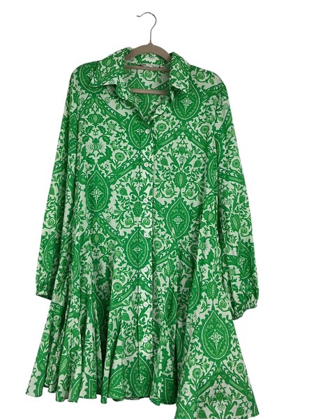 Zara Green White Printed Shirt Dress Tie Waist Mini Dress Size M