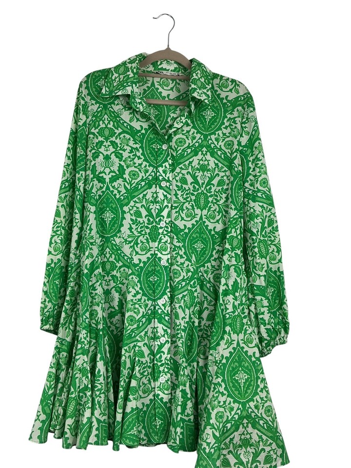 Zara Green White Printed Shirt Dress Tie Waist Mini Dress Size M