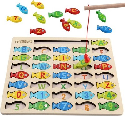 Magnetic Wooden Fishing Game Toy for Toddlers Alphabet Fish Catching Counting