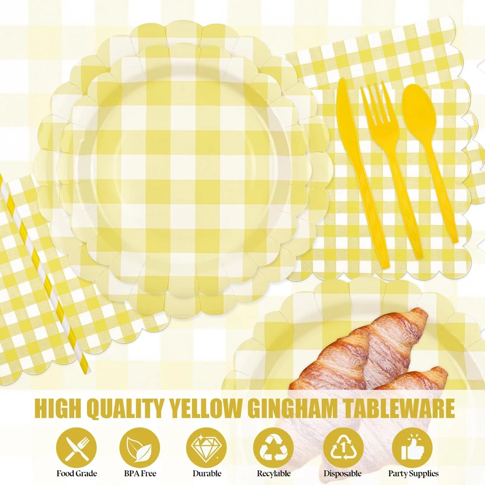 400PCS Yellow Gingham Party Supplies, Scalloped Disposable Tableware Set Incl... - Image 3 of 4