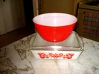 Vtg Pyrex Friendship Refrigerator Dish 503 & 503-C & Mixing Bowl Red Orange 402