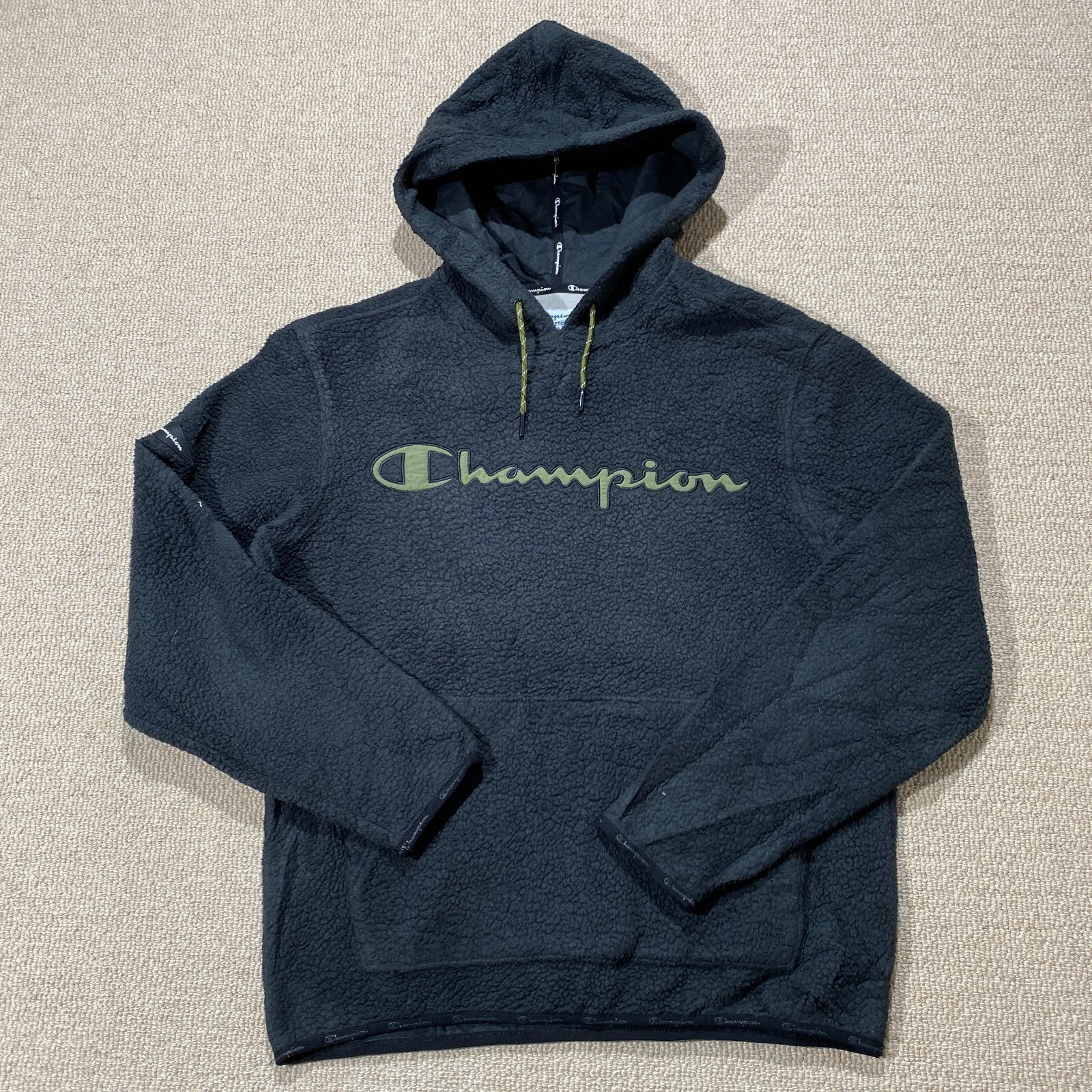 Champion Fleece Hoodie Mens Small Black Green Pullover Sweater Sherpa