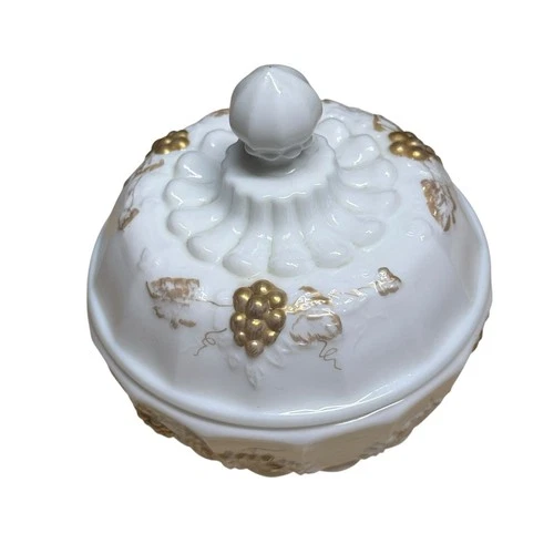 Vintage Westmoreland Paneled Grape Milk Glass Gold Accents Candy Dish 5”