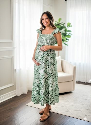 Maxi Dress Size M Maternity Green White Palm Leaf Tropical Smocked Ruffle Tie-image