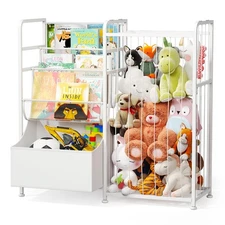 Kids Bookshelf and Stuffed Animal Storage - Multi-Function Nursery Book Shelv...