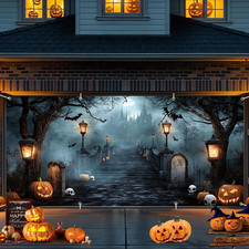 13 6 Ft Halloween Garage Door Banner Spooky Haunted Graveyard Scene with Pumpk