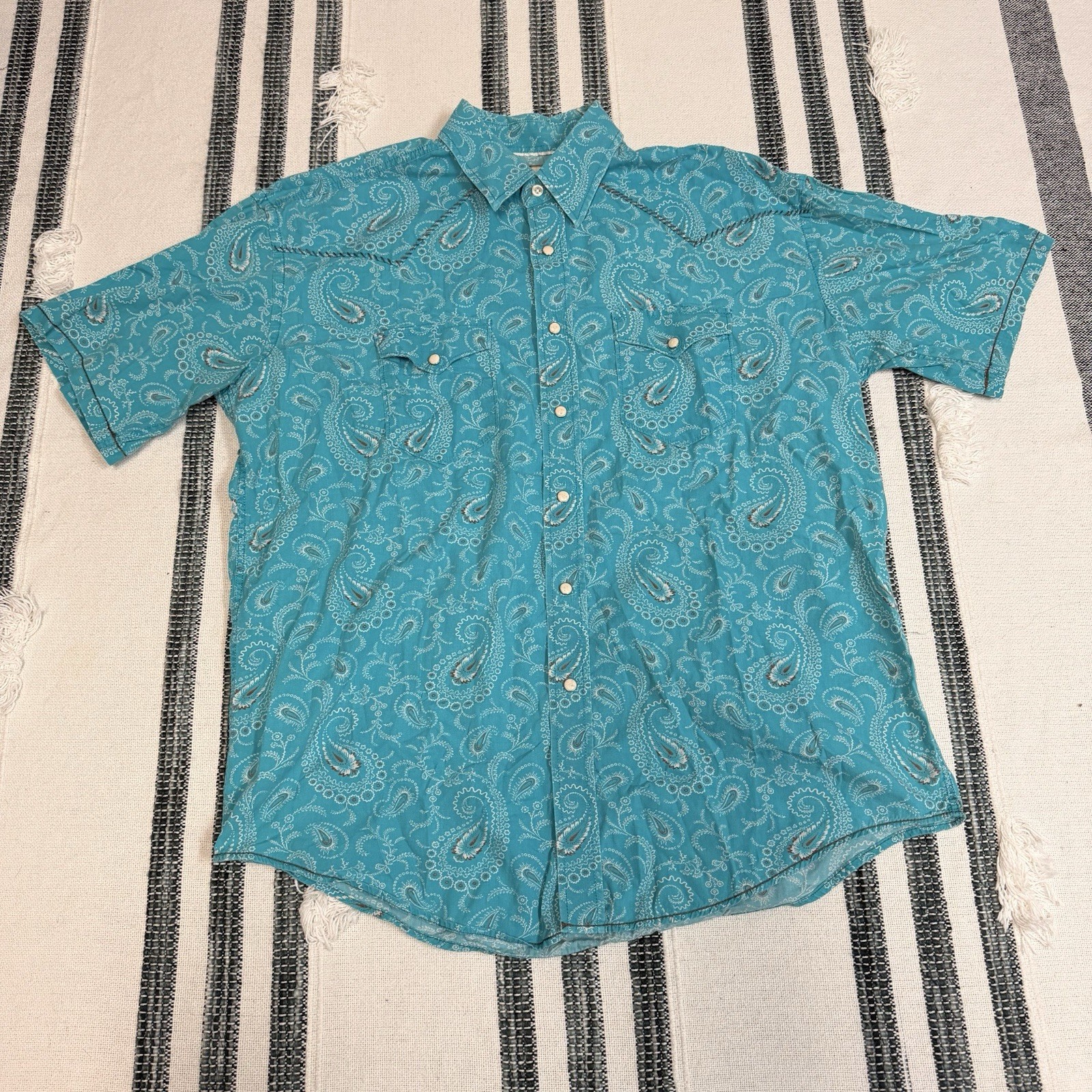 Rough Stock Panhandle Slim Western Shirt Mens Large Teal Paisley Pearl Snap S/S