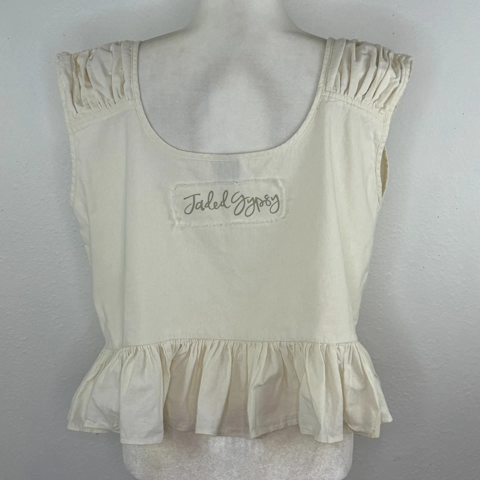 Camiseta sin mangas Jaded Gypsy Fine With Me talla L/XL artística Lagenlook marfil algodón volantes Foto 4 de 4