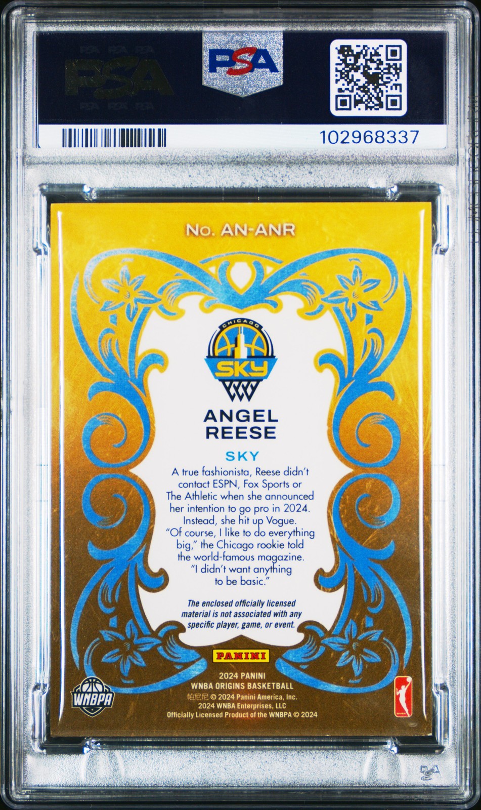 2024 PANINI ORIGINS WNBA ART NOUVEAU MEM #ANANR ANGEL REESE PSA 8 view 2