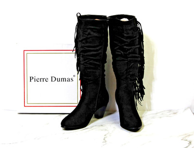 Pierre Dumas Black Faux Suede Fringe Tall Knee High Boots Size 10M GARDA-4 NEW