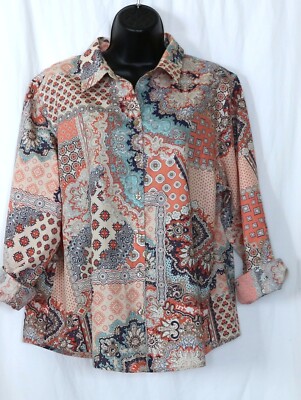 CHICO'S Beige Print No Iron VNck Blse 46 In Chst 27 In Lng Sz 3 (XL) EXC
