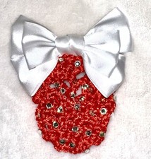 Womens Girls Red White Crochet Hair Bun Bow Rhinestones Cover Snood Hair Net