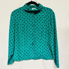 Leslie Fay Blouse Vintage Green Dots Long sleeves Button down SZ 10 Turtle Neck