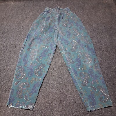 Inclinations Pants Women Size 6 Green Paisley Elastic Waist Pleated Baggy