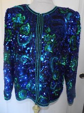 Vintage 80s Blue Green Sequin Beaded Jacket Laurence Kazar Silk Shell Large B40