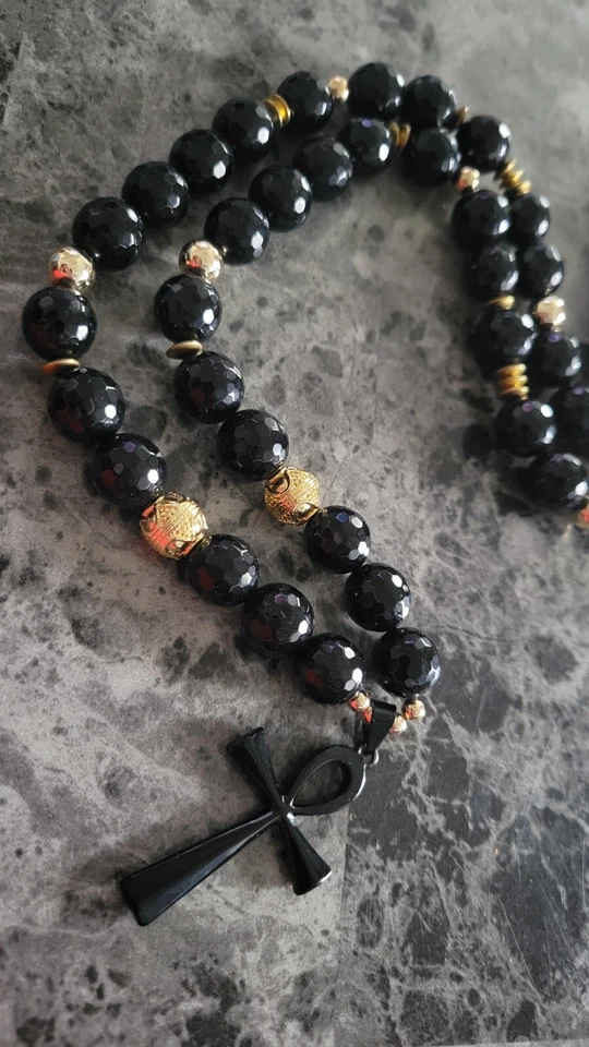 Collar de piedra de obsidiana negra natural con colgante Ankh Foto 3 de 3