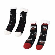 Slipper Socks Womens Reindeer Pattern Sherpa Lined Size 5-10 Warm Fuzzy Black