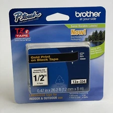 New P-Touch Brother International TZE-334 Gold on Black 1/2" Laminated Tape 