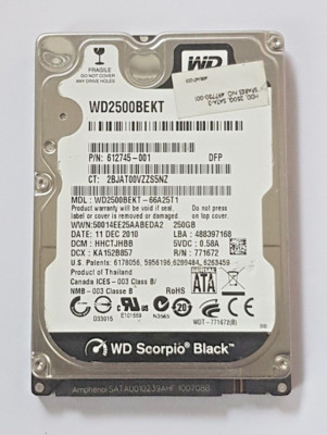 250 GB SATA Western Digital WD2500BEKT-66A25T1 7200rpm 16MB HDD 2,5'' Festplatte