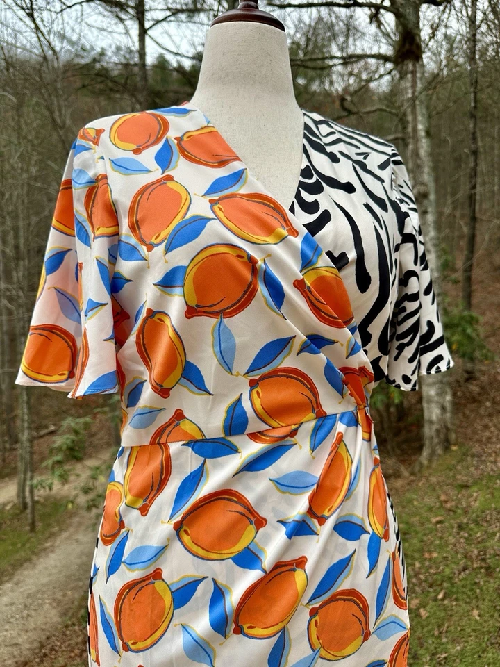 nuevo vestido envolvente donna morgan cebra naranja estampado mujer talla 12 verano vibrante Foto 3 de 4