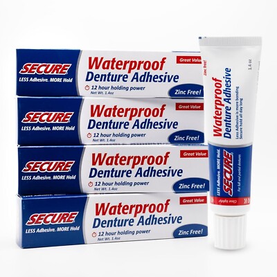 Secure Waterproof Denture Adhesive, Zinc Free, Extra Strong 12 Hour Hold, 4 Pack