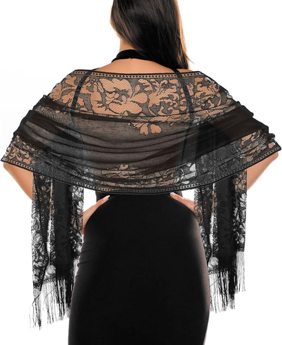 Women'S Floral Lace Scarf Shawl with Tassels, Formal Wraps Soft Mesh Fringe Wrap