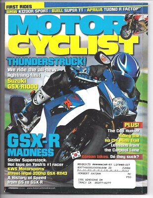 Motorcyclist Magazine April 2007- Suzuki GSX-R1000, Buell Super TT, BMW K1200R 
