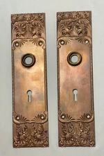 pair antique ornate 1800's bronze escutcheon door knob hardware backplate mount