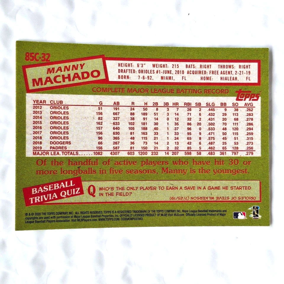 2020 TOPPS 35th Anniversary Mojo 85 Stye - Manny Machado - CARD # 85C 32 - II - Image 4 of 4