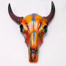 Western Mini Cow Bull Skull Wall Hanging Southwest Tribal Resin Bright Colors 9"