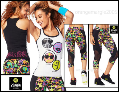 ZUMBA 2 Pc.Set!! Zmoji Racerback Tank Tee + Mesh Capri Perfect Leggings RARE! 