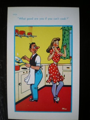 POSTKARTE COMIC / HUMOR AM MEER WAS NÜTZT ES DIR, WENN DU NICHT KOCHEN KANNST
