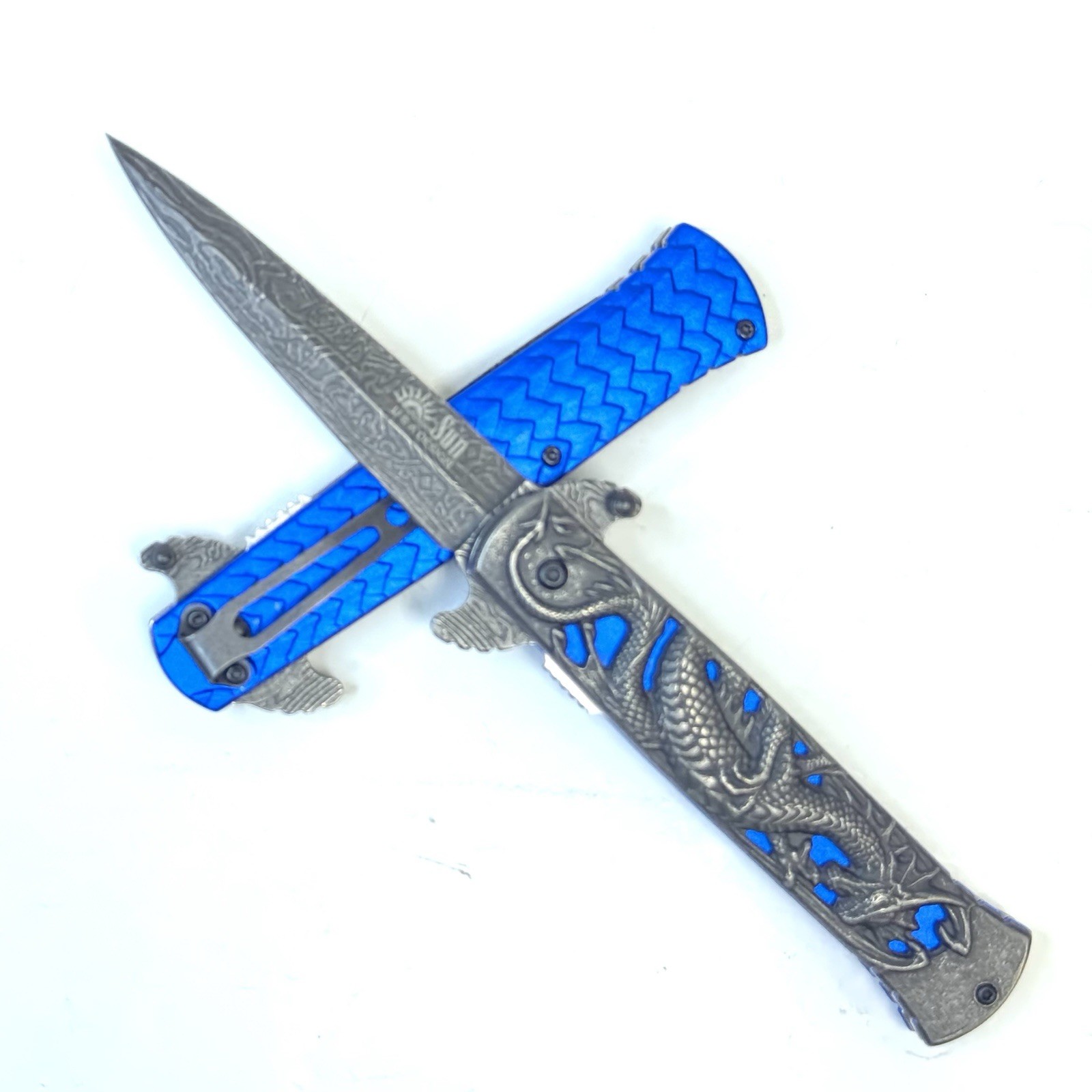 8.75” Blue Gray Dragon Engraved Spring Open Assisted Tactical Folding Knife