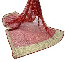 Indian Vintage Heavy Bridal Red Dupatta Net Mesh Hand Embroidered Veil Hijab