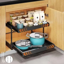 2 Tier Pull Out Cabinet Organizer, 21" Depth Cabinet Pull Out Shelves, Expand...