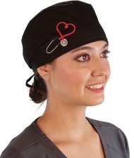 Classic Surgical Scrub Cap - Heart Stethoscope Patch on Solid Black Cap