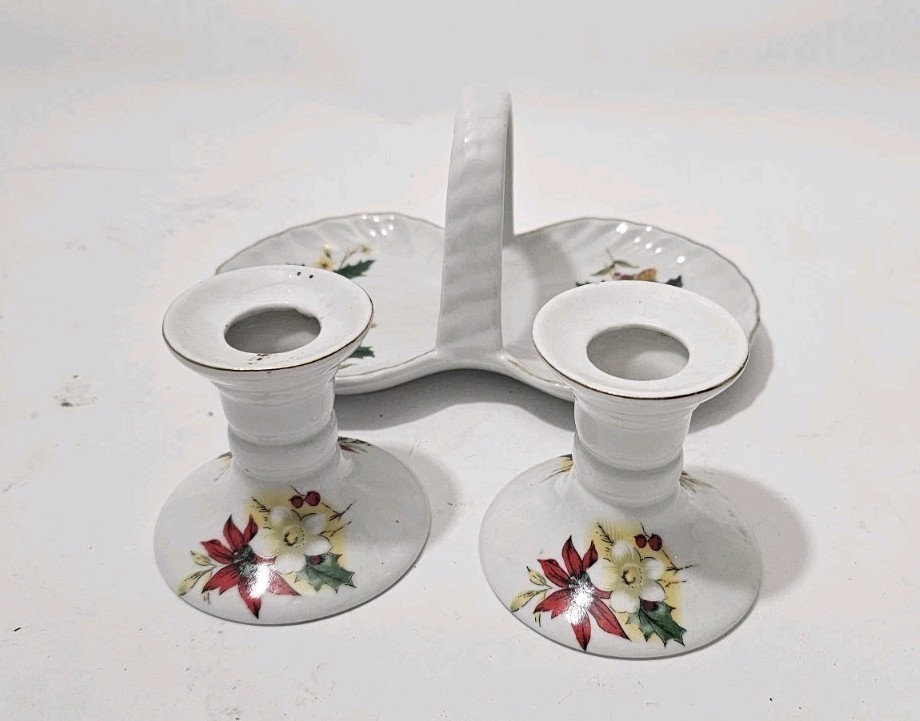 Vintage Porzellan Kerzenständer Set mit Griff & 2 Leuchtern – Weihnachtsdekor