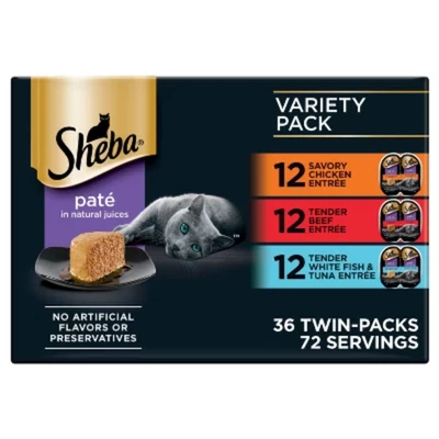 Sheba Pate Fish, Seafood, Tuna, Beef and Chicken Wet Cat Food - 2.6oz/36ct