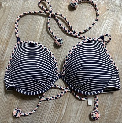 Victoria s Secret Fabulous Nautical Navy Blue Striped Bikini Top Pom Poms Sz 34D