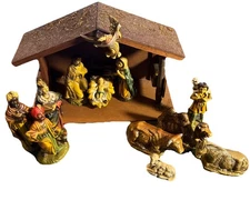 Vintage Nativity Set 13 Pc  w Fuji Music Box Silent Night Japan Musical