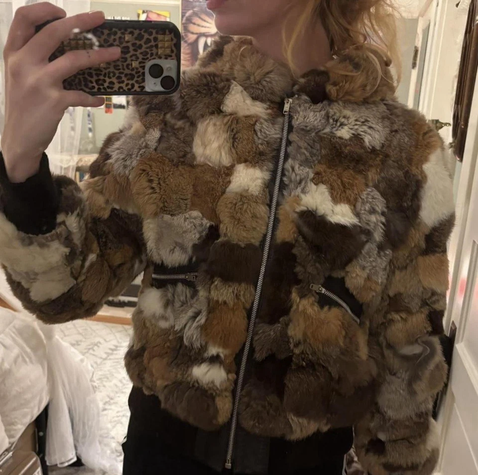 Vintage Grey/White Rabbit Fur Zip-Up Bomber Jacket Women's - Image 3 of 4