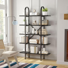 Industrial 5-Tier Arched Bookshelf, 72" Tall Metal Frame Display Rack, Black