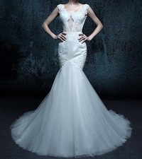 Mermaid Wedding Dress White Size 8/10 Sheer Crystal  Lace Bodice, Tulle Train