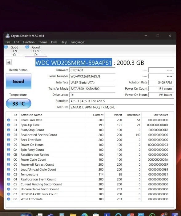 WD20SMRM-59A4PS1 2TB Donor Drive 195h Good Health WDC WX12A813ADLN - Image 2 of 4