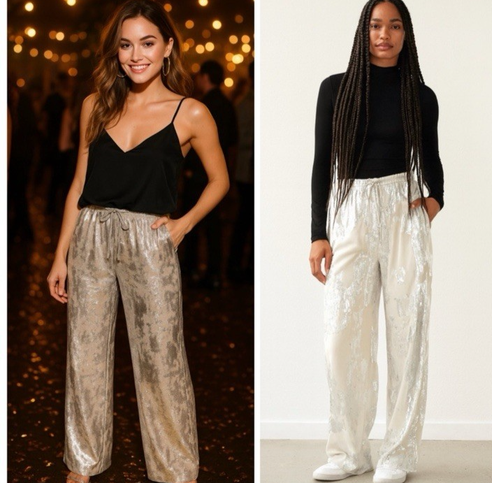 Zara White Silver Metallic Wide Leg High Rise Pants Women's XS NWT