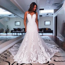 Boho Spaghetti Straps Mermaid Lace Wedding Dress Open Back Appliques
